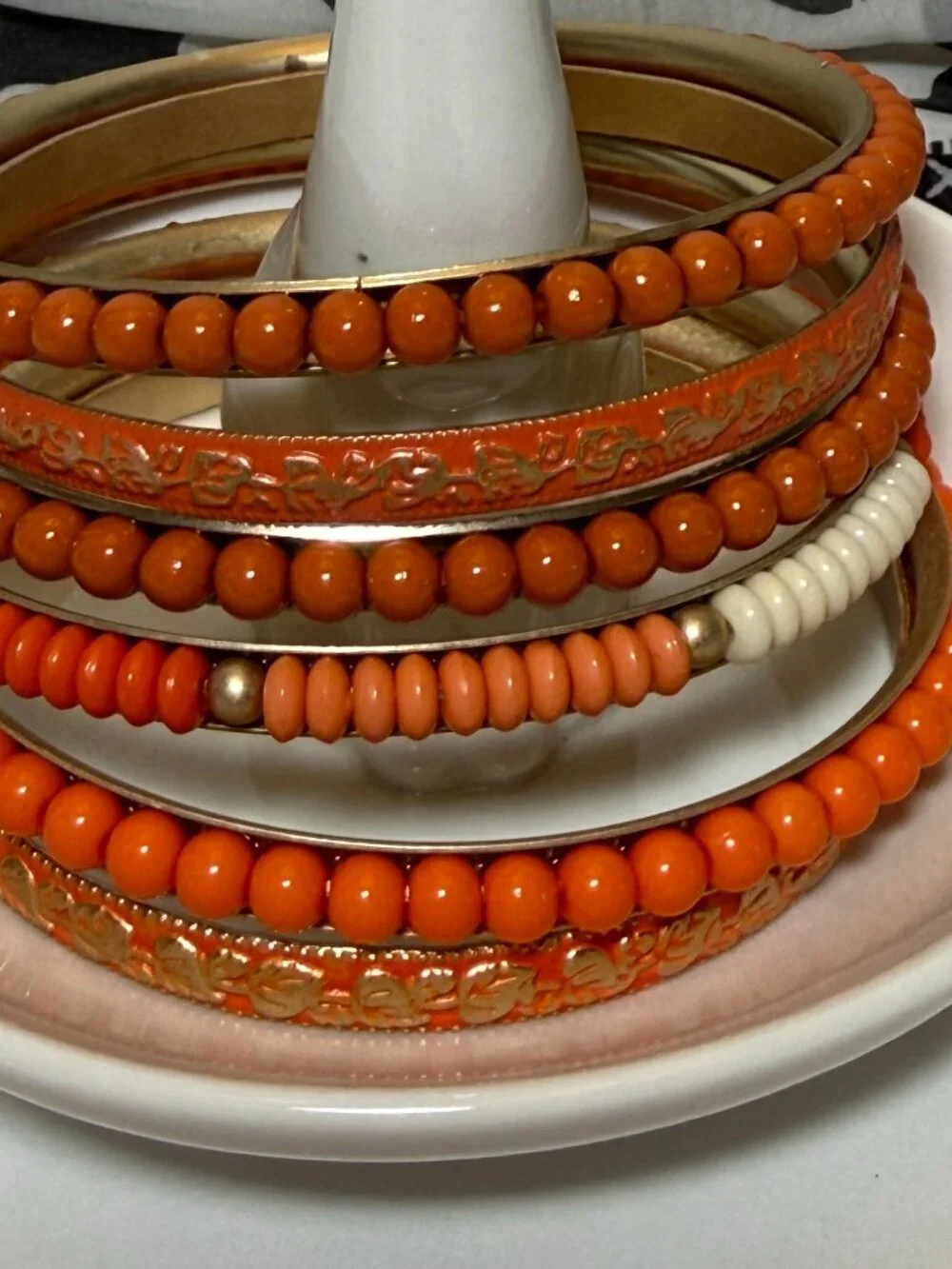 6 Orange Bangles Mix Match Stack Beaded Gold Toned Bracelets